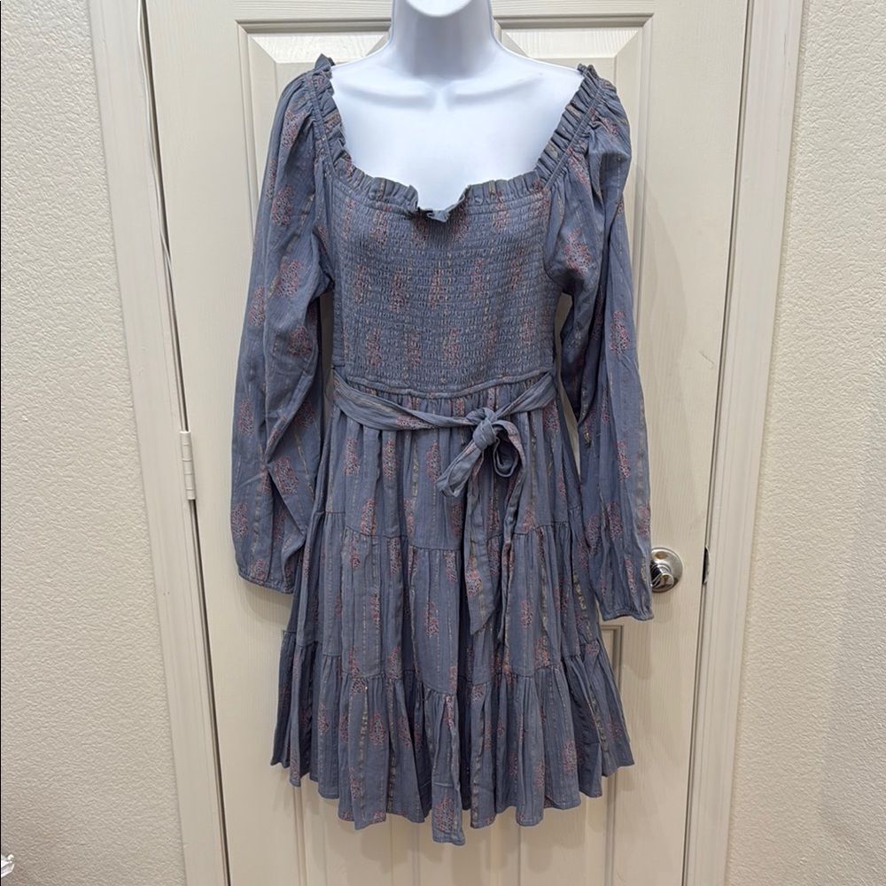 A Loves A Blue Ruched Tiered Midi Sundress Size Large Floral Metallic Tie Belt